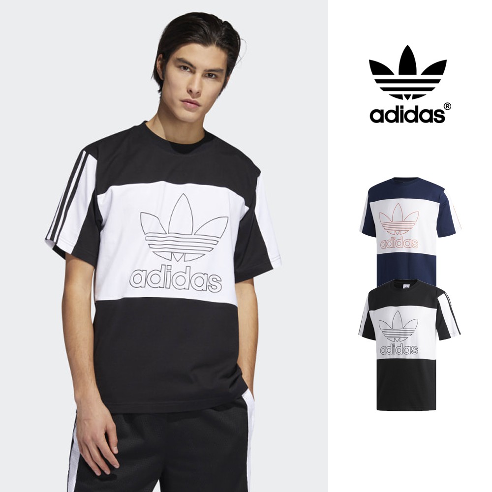 Adidas Originals 黑/藍 短袖T恤 純棉 幾何 運動 休閒 上衣 短T 三葉草 三條線 Logo