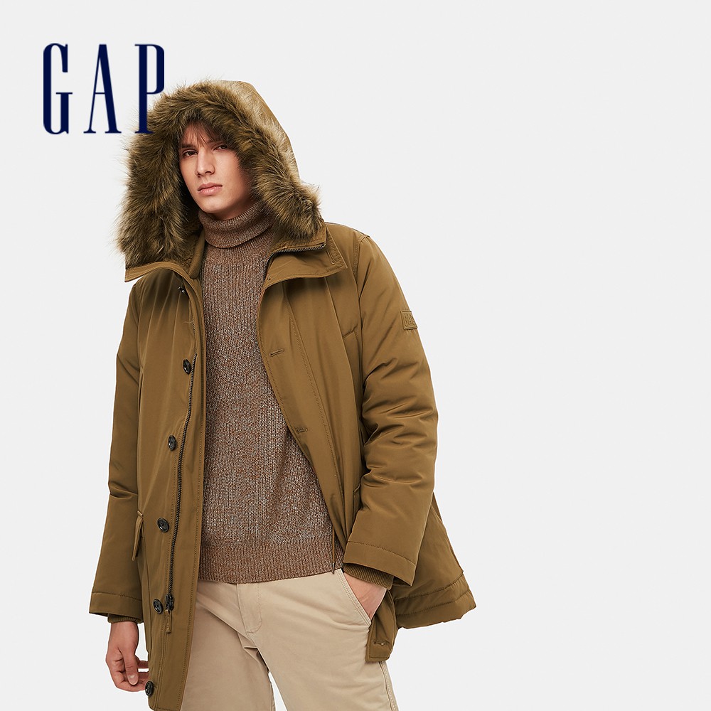 Gap 男女同款 簡約仿毛邊連帽羽絨大衣 大絨朵羽絨系列-淺棕色(656248)