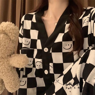 Xuan♥韓國ins睡衣女春秋季黑白格高顏值慵懶感V領長袖長褲套裝居家服潮