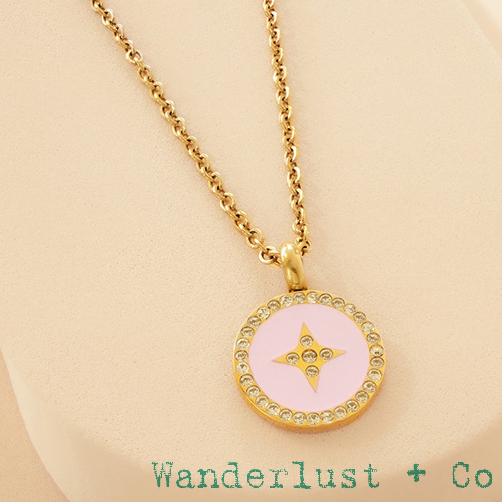 Wanderlust+Co 澳洲品牌 鑲鑽星星圓形項鍊 玫瑰粉X金色 Aster Pink