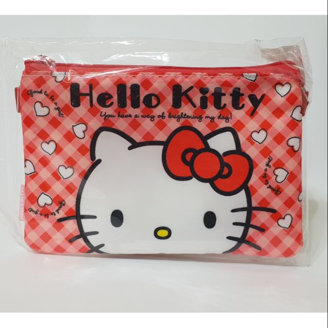 三麗鷗/KT雙層觸控包-紅格(附背帶）/Hello Kitty手機零錢包