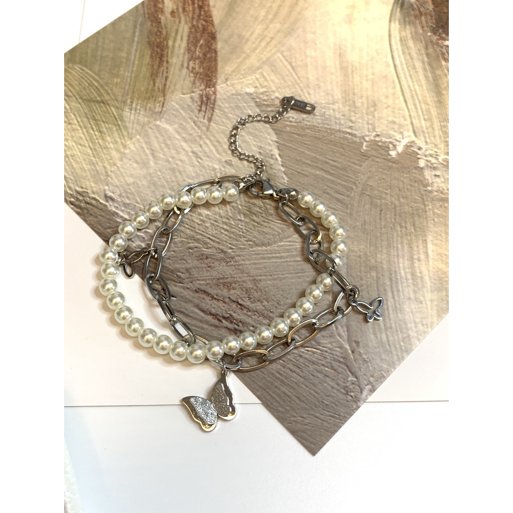 Surami飾品 （現貨48h出貨）正韓空運-鍍白金 珍珠蝴蝶手鍊