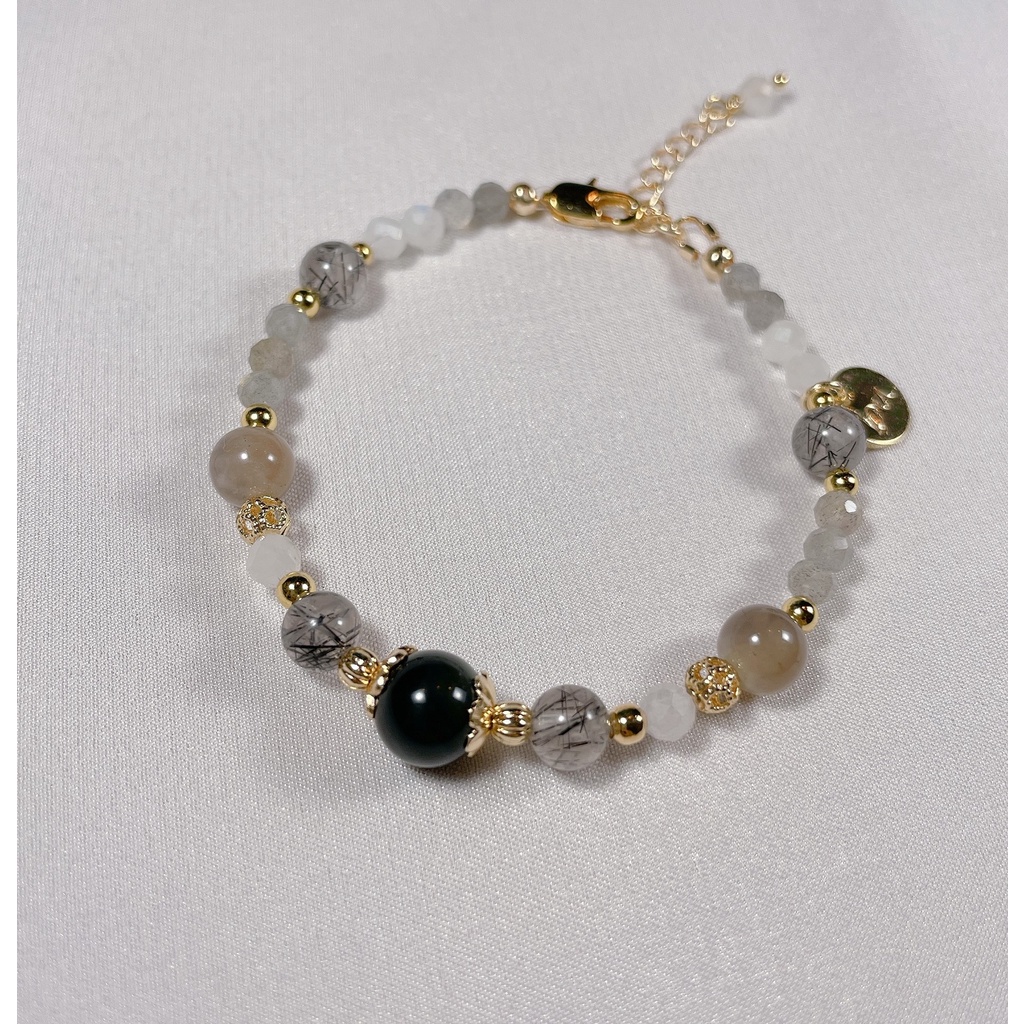 青宇 夏堇天然石手環避邪擋煞黑曜石黑髮晶太陽石拉長石現貨客製14k包金 蝦皮購物