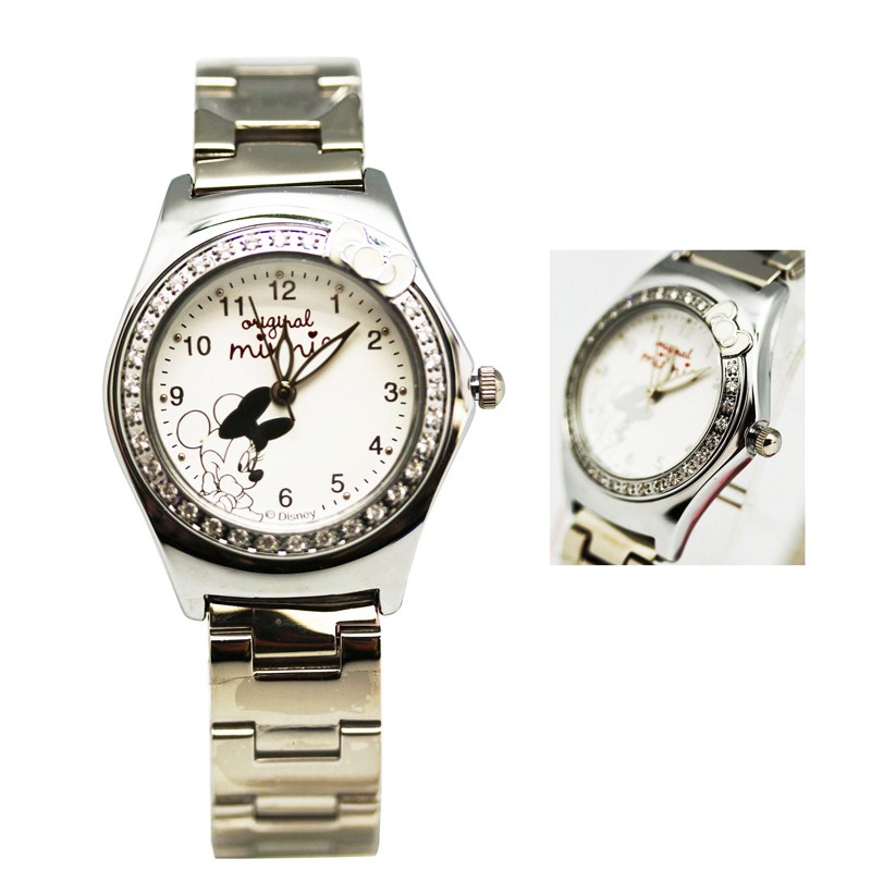 卡漫城 - 六折特價 米妮 鐵錶 蝴蝶結 白水鑽 ㊣版 Minnie 手錶 鋼錶 米老鼠 女錶 卡通錶 不鏽鋼錶