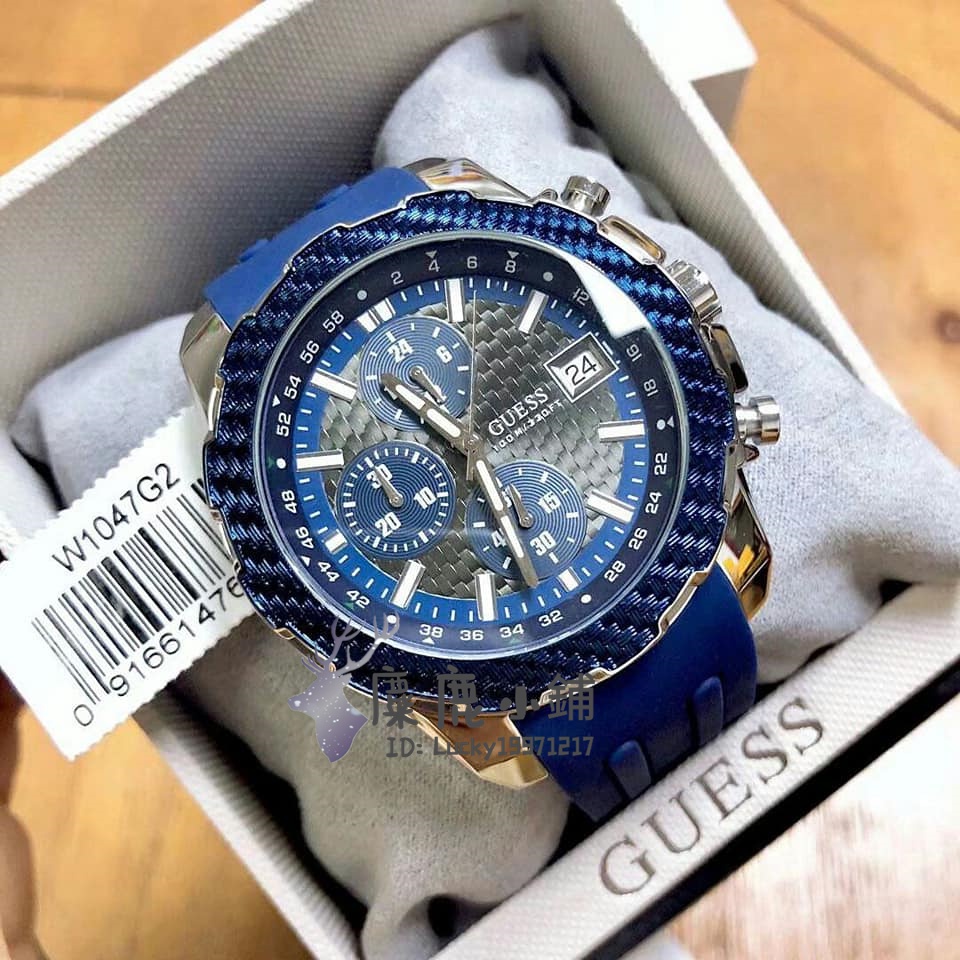 麋鹿小铺✨GUESS 蓋爾斯手錶 男錶 運動時尚腕錶 三眼計時 藍色膠錶帶多功能錶 43mm W1047G2