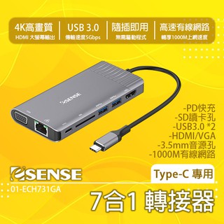 逸盛 Esense Type-C 專用 7合1 轉接器 MAC使用 HDMI VGA 有線網路 SD卡 HUB 集線器
