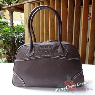 美麗堡outlet精品 PRADA BR3208 經典款 皮革波士頓包 手提包/肩背包 咖啡色【現貨】