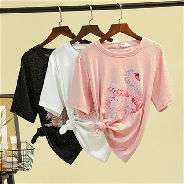 短t~黑色T恤女夏短袖韓范寬松亮片半截粉色體恤ins超火的上衣GD709衣時尚