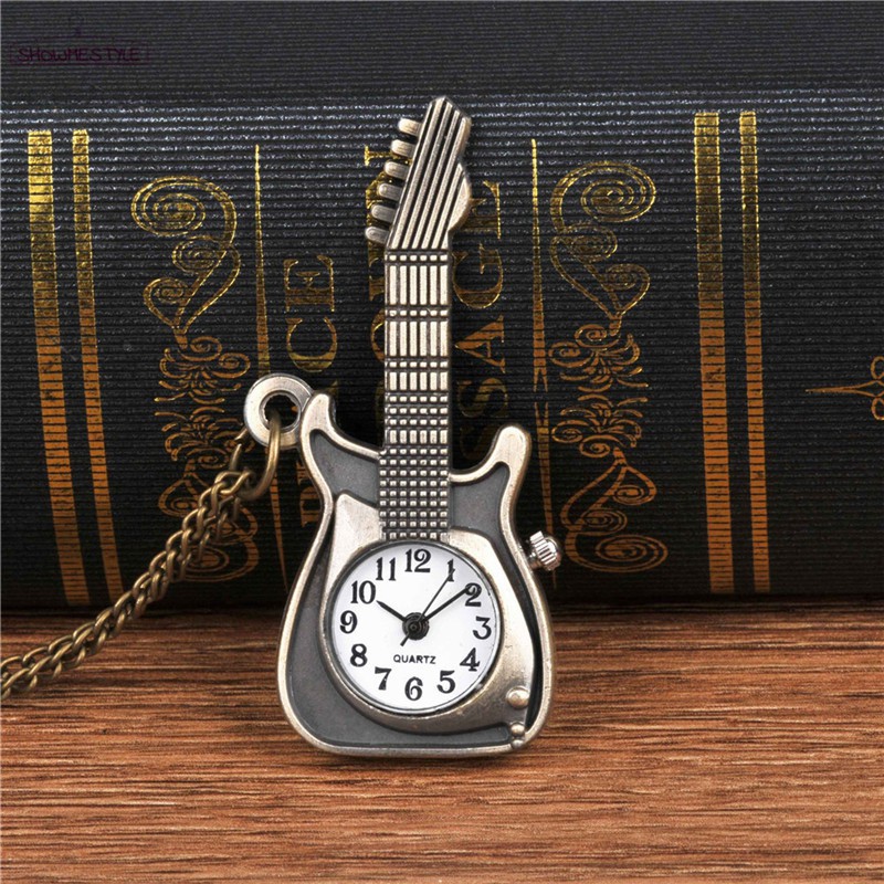 Sh新奇時尚復古石英懷錶創意小青銅吉他懷錶