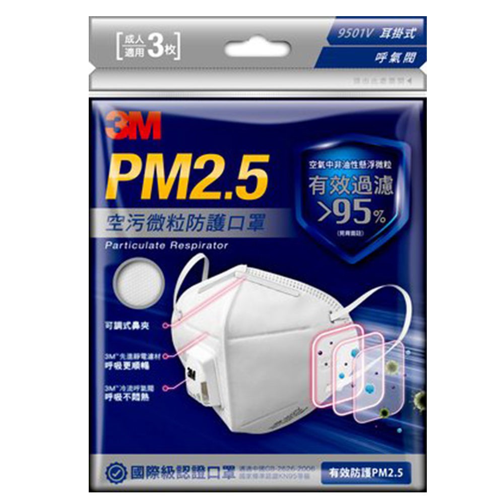 【現貨/附發票】3M™ PM2.5空污微粒防護口罩—帶閥型 9501V (3片/包) 公司貨