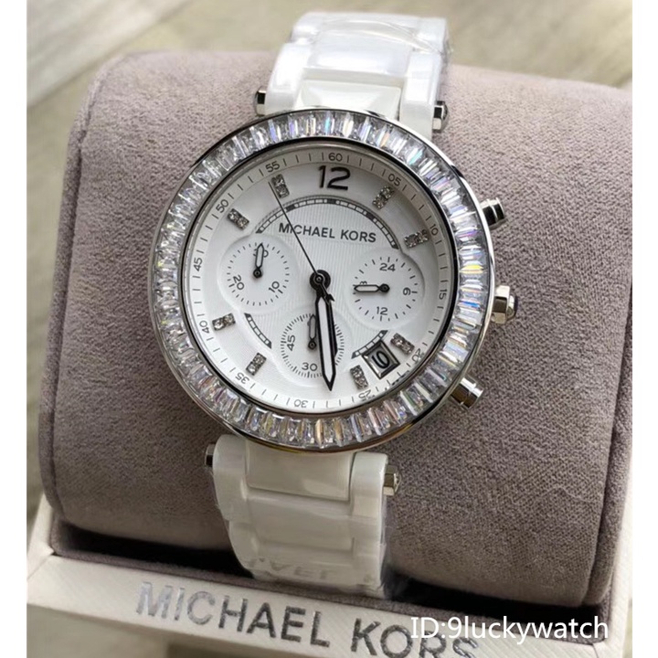 代購女生手錶 陶瓷手錶女 女士白色陶瓷錶 鑲鑽時尚腕錶 MK5848三眼計時日曆防水石英錶學生手錶