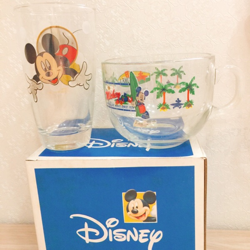 全新現貨》迪士尼Disney透明水杯及馬克杯兩入1組 米奇Mickey Aloha 台灣製 玻璃杯，送日本迪士尼商店袋子