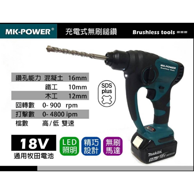 MK-POWER （18V) 無刷充電式免出力鎚鑽Z（空機）