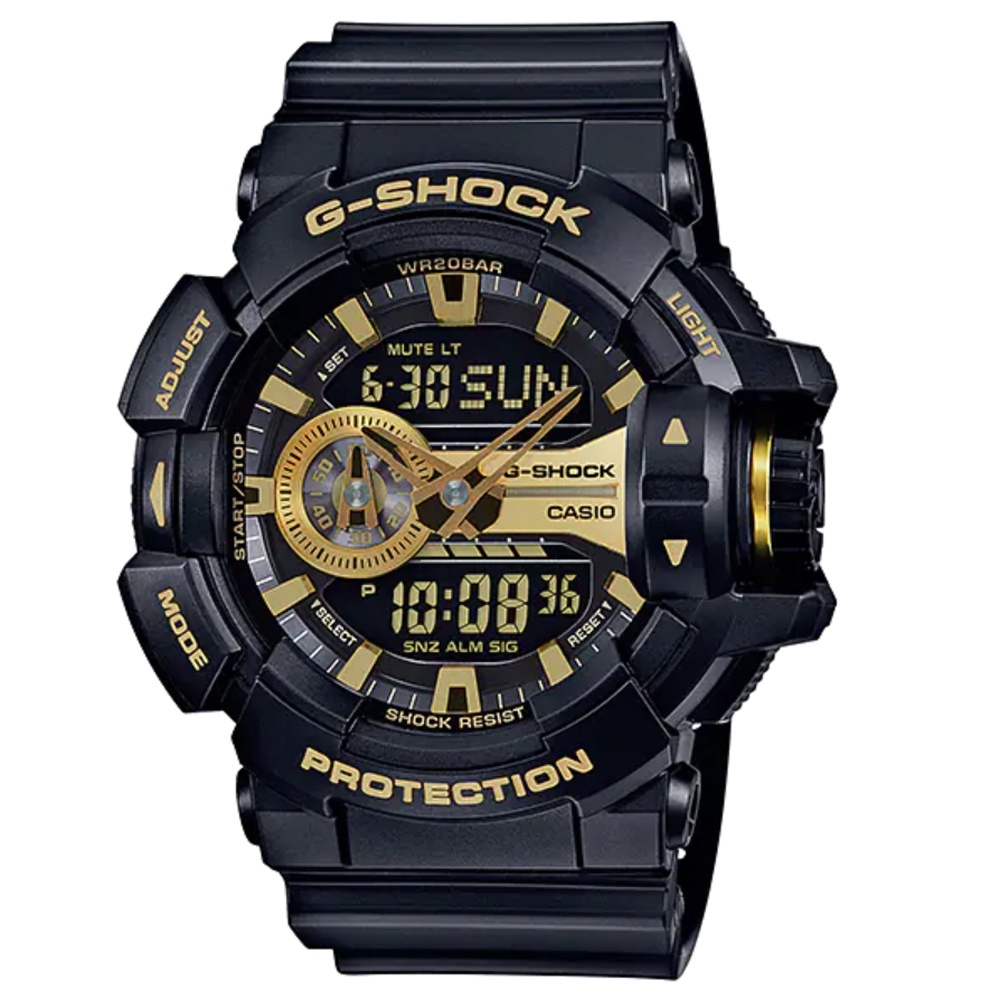 【CASIO 卡西歐】G-SHOCK 明亮金屬色酷黑風格雙顯錶-金(GA-400GB-1A9)