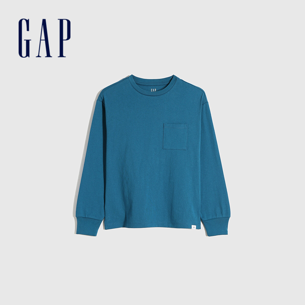Gap 男童裝 舒適純棉圓領長袖T恤 厚磅密織系列-淺藍色(661665)