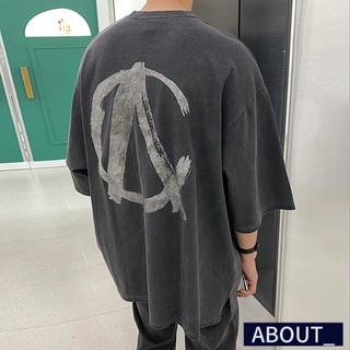 【ABOUT_歐巴】塗鴉仿舊水洗感短袖T恤 韓 短袖上衣 寬鬆上衣 五分袖上衣 街頭 有型 夏 男