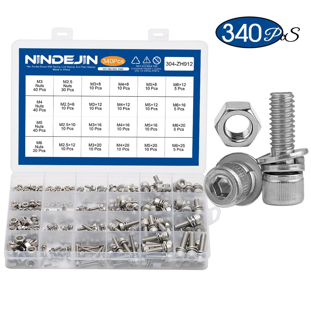 NINDEJIN 340個 304不鏽鋼圓柱頭內六角螺絲盒裝冒頭杯頭螺釘螺栓 螺絲螺母彈墊圈三組合 M2.5-M6