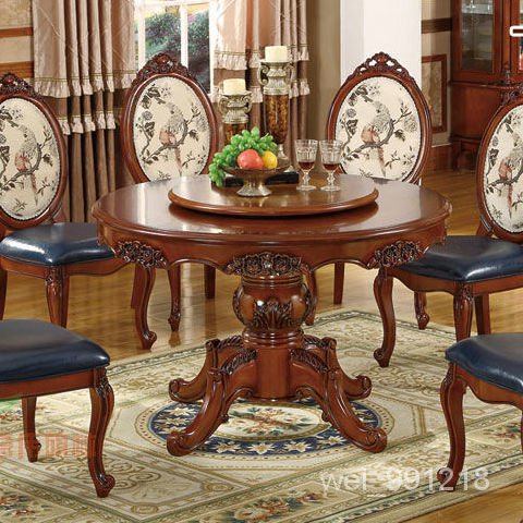 美式餐桌椅組閤1.2/1.3米歐式圓形喫飯餐臺雙麵鵰花餐椅皮坐墊椅 SQ4U