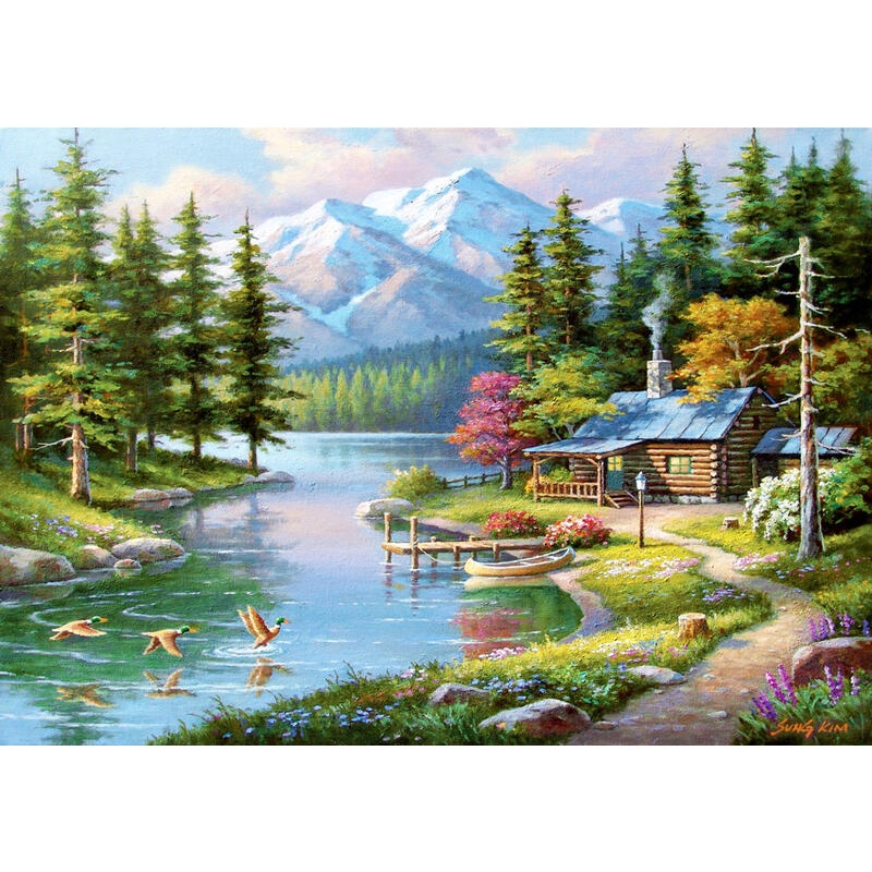 4554 1500片歐洲拼圖 PER 繪畫風景 森林 高山湖畔渡假小屋