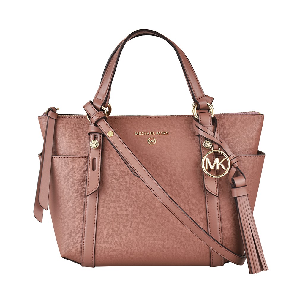 MK MICHAEL KORS NOMAD SAFFIANO 金字LOGO PVC手提肩背拉鍊托特包(暗膚)