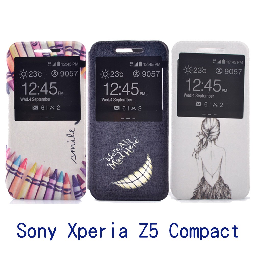 Sony Xperia Z5 Compact 時尚彩繪手機皮套 側掀支架式皮套 仙境遊蹤/少女背影/蠟筆拼盤