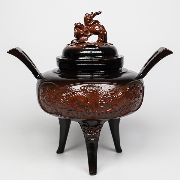 香炉/香器『高岡銅器【鳳寿獅子蓋香炉/古手色】銅製[空焚き用