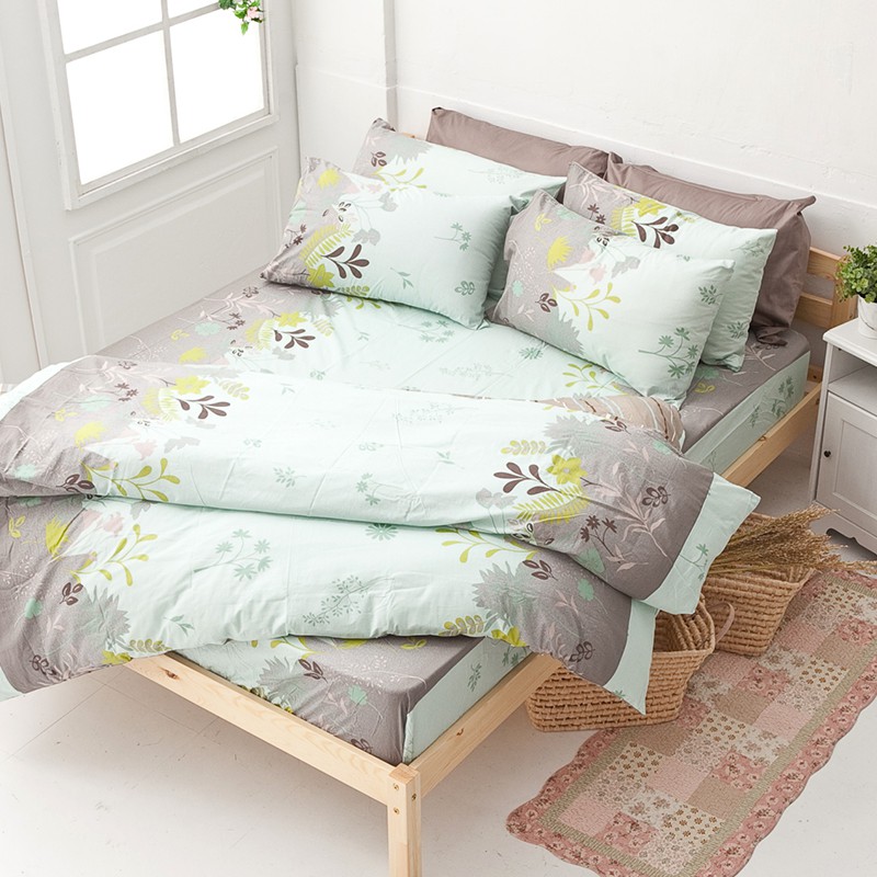 戀家小舖 台灣製床包 雙人床包 兩用被套 床單 香草綠 100%純棉 床包兩用被套組 含枕套
