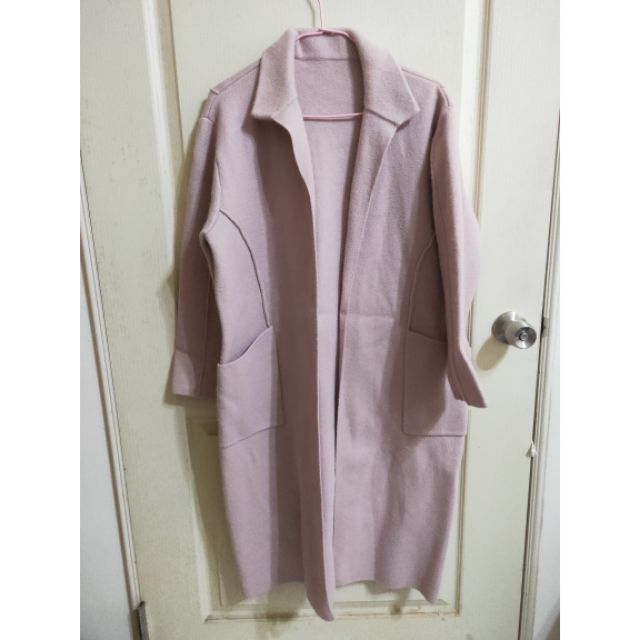二手-粉色針織厚款長版風衣外套