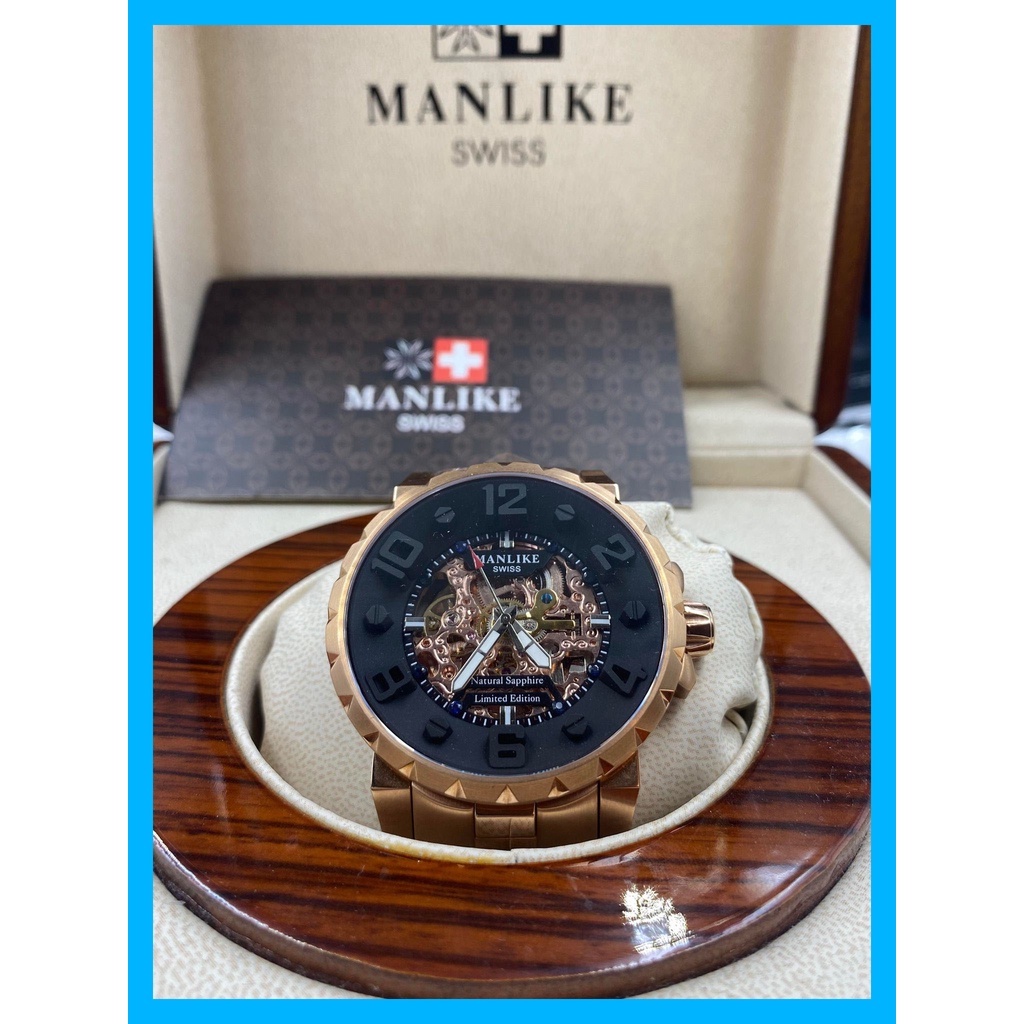 【小安精品】台灣現貨 Manlike 曼莉萊克M71632 藍寶石玫瑰金鏤空雕刻限量機械腕錶 質感潮男必備 送爸爸送男友