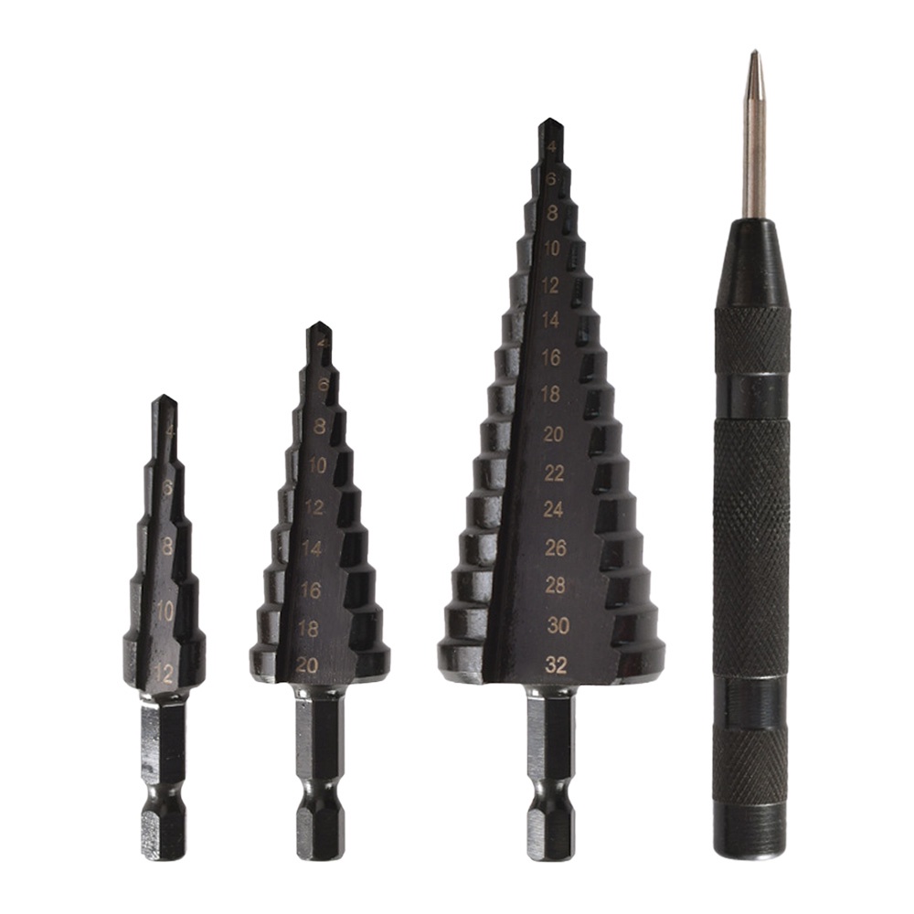 Kkmoon 4PCS HSS 鈷階梯鑽頭套裝實用的黑色氮化塗層金屬鑽頭套件, 用於薄鐵 / 鋼 / PVC / 木板