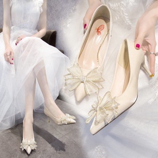 高跟鞋 蝴蝶細跟高跟鞋女 時尚尖頭根鞋 水鑽婚鞋新娘婚紗公主仙女米色凉鞋