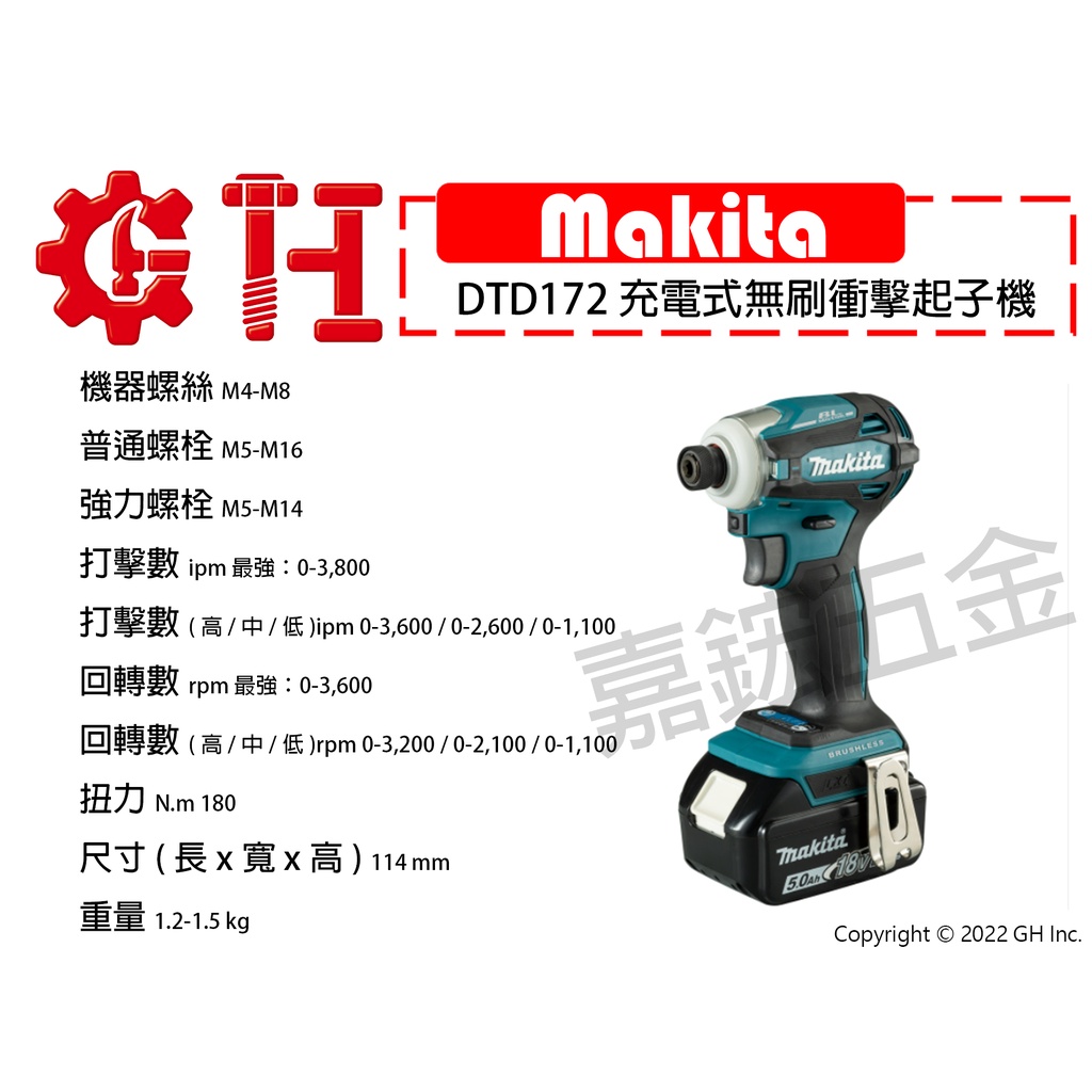 【嘉鋐五金】Makita 牧田 DTD172 充電式無刷衝擊起子機(紅/紫 日本製/大陸製 單主機)