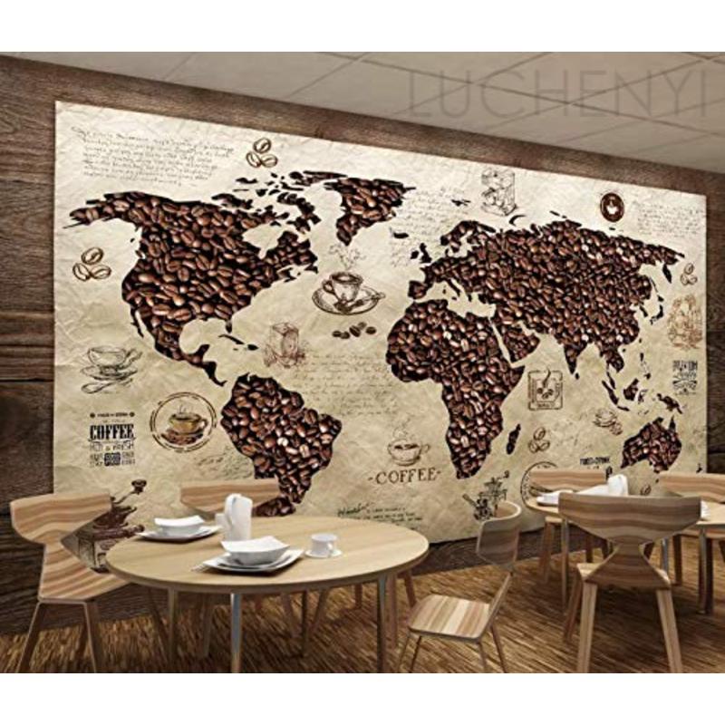 定制 Murwall 地圖牆紙 3D 咖啡地圖牆壁畫咖啡豆牆藝術世界地圖牆藝術現代咖啡廳設計客廳入口咖啡店家居裝飾