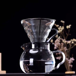 精緻咖啡套組 免濾紙 玻璃沖杯V60+耐熱玻璃分享壺+梅花五金雙層過濾網 咖啡器具 精品咖啡專用 現貨!