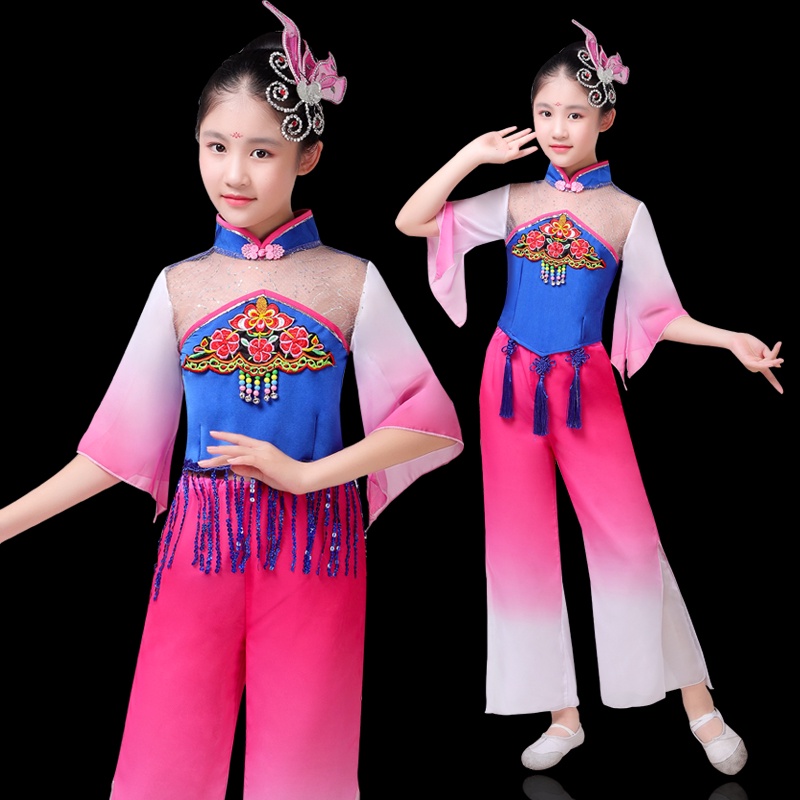 新款 兒童 古典舞 演出服 秧歌服 民族舞蹈服裝 水袖 六一 現代舞 傘舞 兒童舞蹈服裝 表演服裝