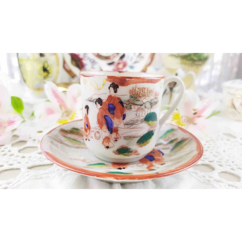 紫丁香歐陸古物雜貨♥日本古董手繪藝妓風情細骨瓷咖啡杯盤組