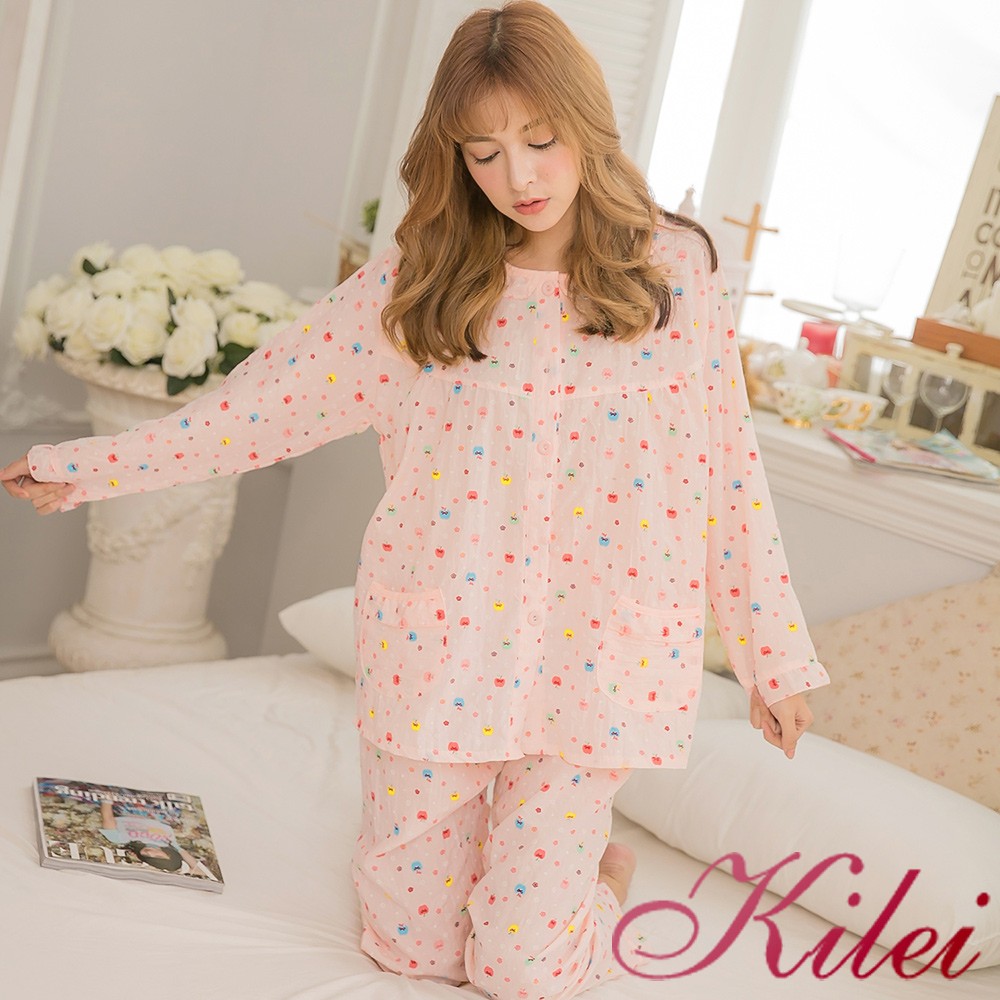 【Kilei】皺感棉布蘋果花長袖二件式睡衣組XA3073(甜淺橘)全尺碼