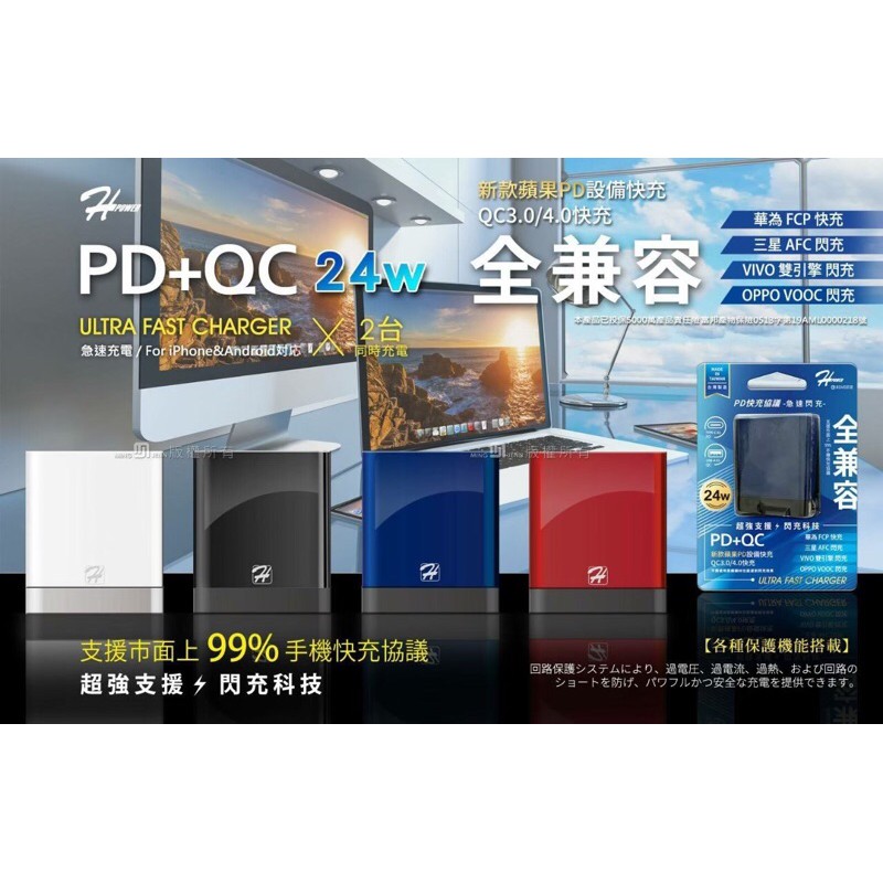 台灣製造台灣認證Hpower CHP-149閃充PD+QC 3.0 4.0 24W快速充電頭快充旅充支援iphone12