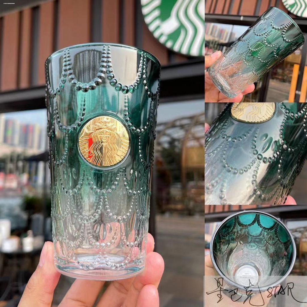 ✨ins現貨✨星巴克50週年慶杯子漸變墨綠色405ml魚鱗款玻璃杯咖啡桌面杯水杯