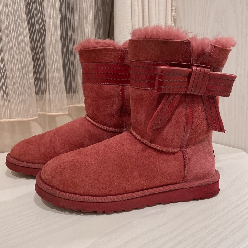 二手 UGG 專櫃購入正品 莓紅色中筒蝴蝶結雪靴