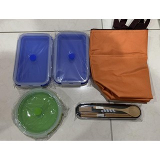 [3入組+餐具+環保袋] 矽膠折疊保鮮盒 可微波密封摺疊便當盒飯盒 水果盒 戶外野餐盒 折疊碗食物收納盒湯盒