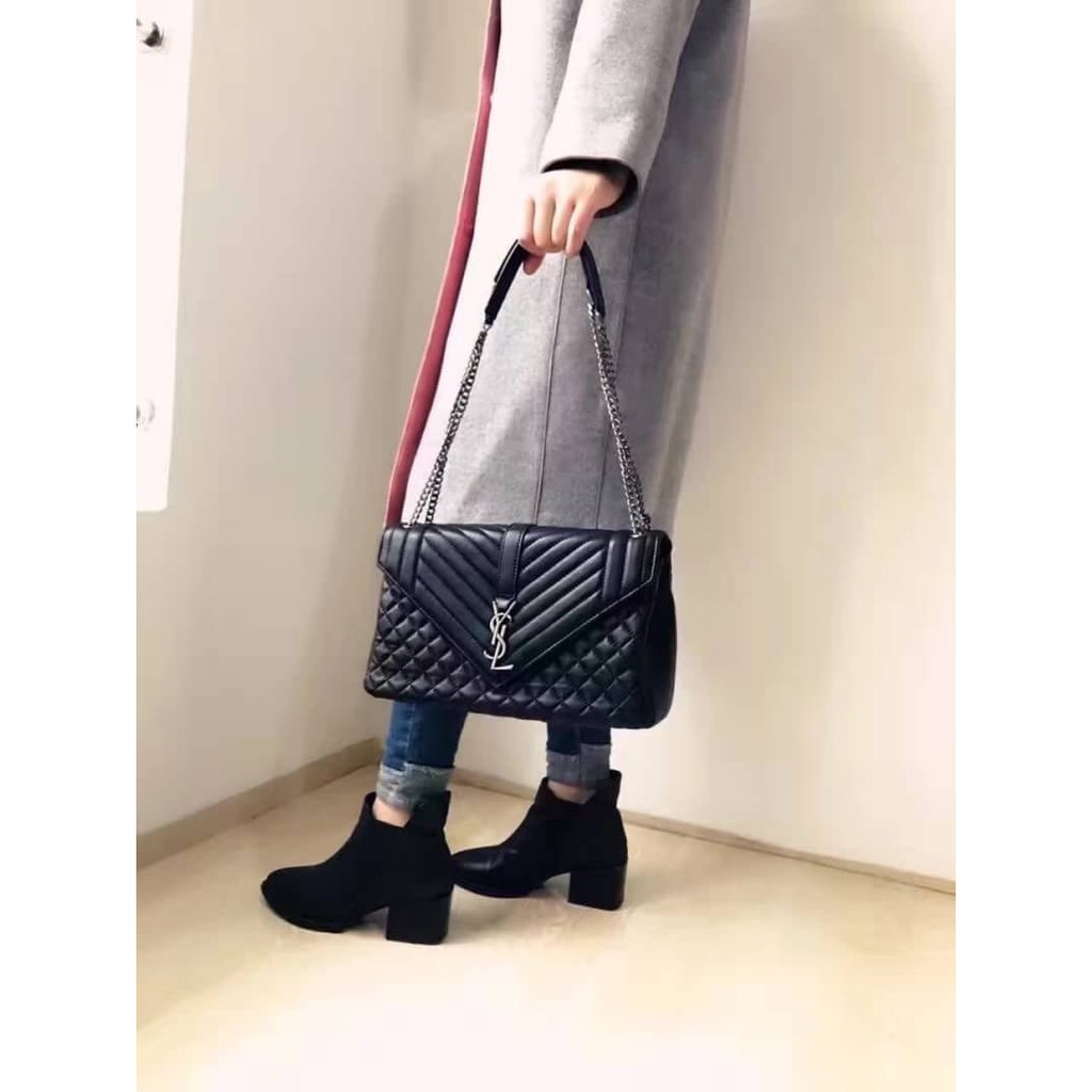 全新原廠專櫃正品saint Laurent Satchel 菱格紋ysl 學院包雙鏈包大款黑色可斜背肩背有現貨 蝦皮購物