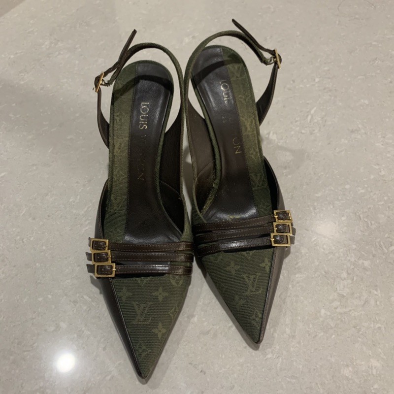 ［二手精品鞋］LV Louis Vuitton 跟鞋 尖頭鞋 老花 深綠色 二手