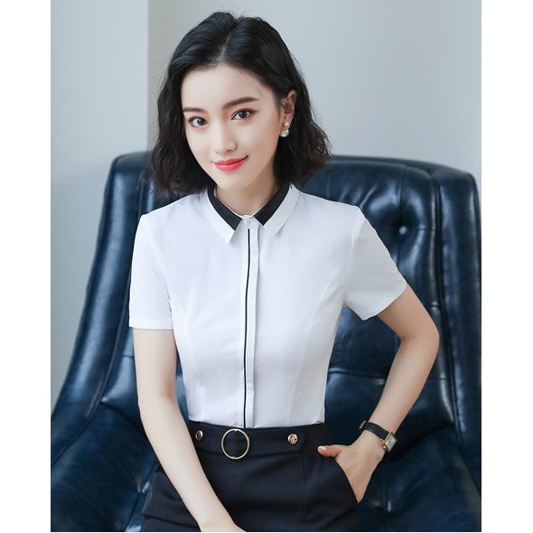 台灣現貨 女白襯衫夏季短袖 白衣拼接黑領 免燙襯衫wcps122 蝦皮購物