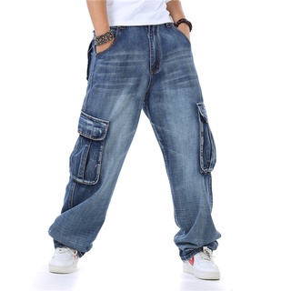 男士牛仔褲男士直筒牛仔工裝褲機車牛仔褲男士寬鬆寬鬆藍色側袋