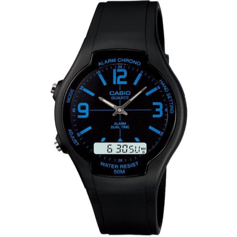 CASIO卡西歐經典雙顯示錶款LCD時間顯示，可同時顯示兩地時間AW-90H-2B 學生錶