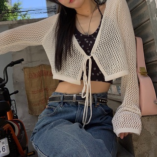 〖Q〗現貨 女生罩衫 洞洞上衣 涼感 韓版女裝 透膚針織罩衫 v領針織衫女薄款短款法式外搭防曬開衫 防曬 長袖上衣