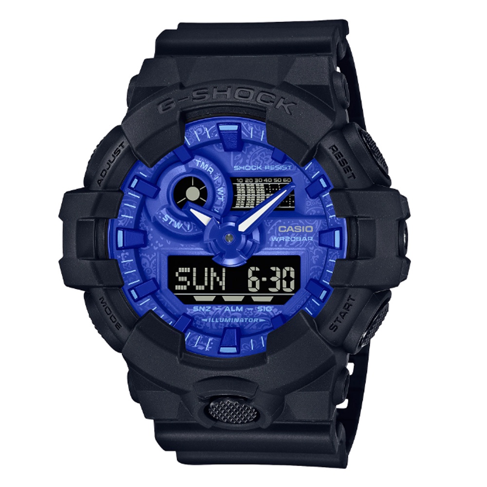 【CASIO 卡西歐】G-SHOCK 粗獷外型藍色變形蟲大圓雙顯錶(GA-700BP-1A 世界時間)