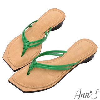 Ann’S水洗牛皮-小羊皮細帶夾腳歐美斜方頭涼拖鞋3cm-綠