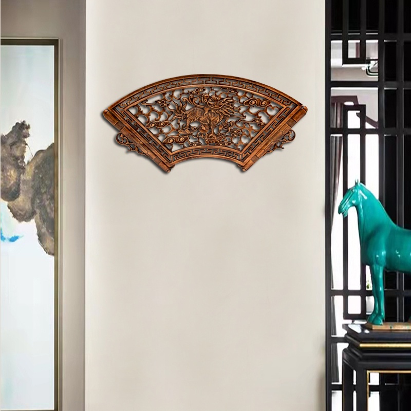 東陽木雕 木雕 掛件 東陽木雕仿古客廳玄關背景墻裝飾畫壁掛實木扇形雕刻麒麟掛件